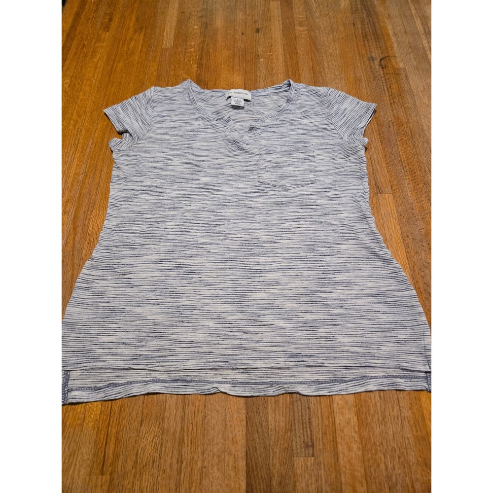 Liz Claiborne Women Small Blue White Striped Split Neck Pocket Short Sleeve Top‎